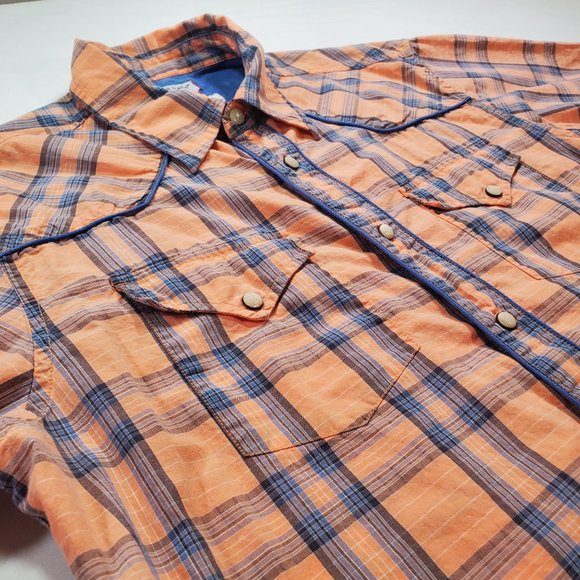 Guess Shirt Mens Medium Light Salmon Plaid Unique Wood Snap Rodeo Cowboy Western - Picture 8 of 15